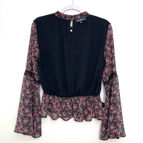 Lulus Boho Blouse Bell Sleeve with Crochet Lace Details Peplum Style High Neck - Picture 11 of 14